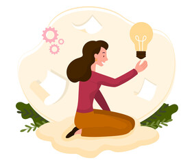 Concept of creativity. Young woman sitting on floor and holding large light bulb. Metaphor for brainstorming and coming up with innovative ideas. Problem solving. Cartoon flat vector illustration