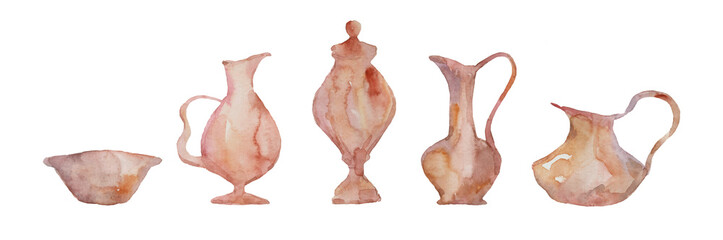 Naklejka premium Watercolor hand drawnset of vases on white background