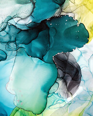 Natural luxury fluid art painting in alcohol ink technique. Mixture of colors creating transparent waves and golden swirls. For posters. Abstract multicolored marble texture background.