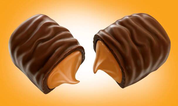 Chocolate coated toffee caramel. 3d illustration. Isolated background