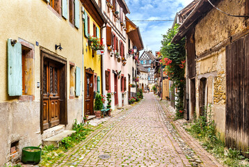 Streetscape of Eguisheim medieval village in Alsace, France