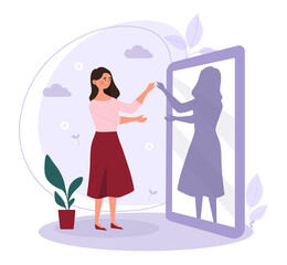 Psychology concept of finding and meeting shadow personality. Woman stands in front of mirror and touches her dark side. Unknown part of personality. Cartoon contemporary flat vector illustration