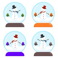 vector illustration set of a crystal snowball containing a snowman, winter theme