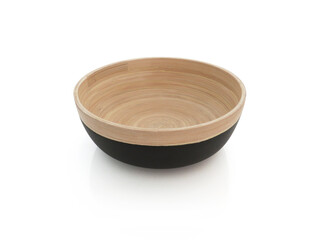 Aerial view of handmade bamboo bowl isolated. Close up of empty round container. Decor and kitchen crafts, utensils. Round natural wood bowl on white background. Handmade kitchen crafts, eco friendly.