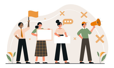 People with placards. Social activity, care for nature, meeting, protest, demonstration. Characters assert their rights, leader with loudspeaker, empty banners. Cartoon flat vector illustration