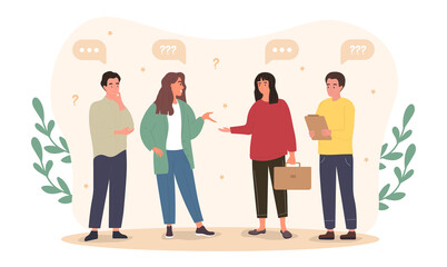 Team solving problem. Brainstorming, colleagues looking for solution. Employees discussing further development of company. Dead end, mystery, business, work, job. Cartoon flat vector illustration