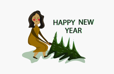New Year card, banner, flyer. hand-drawing girl with a Christmas tree. the beginning of christmas. xmas