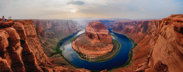 Close to the edge. Panoramic view at Horseshoe Bend, a meander of Colorado river in Grand Canyon...