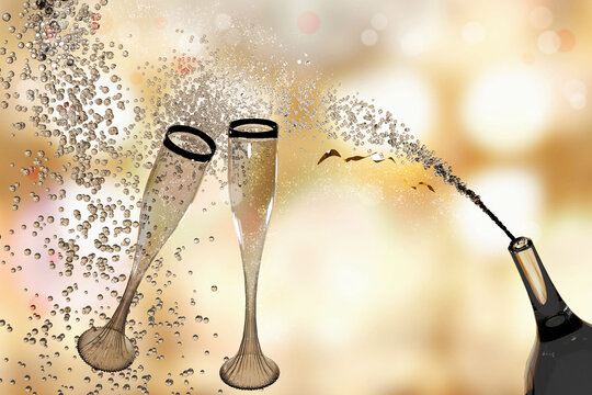 New Year background with champagne glasses. 3D render illustration.