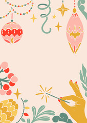 Christmas vintage greeting card. Floral ornaments, winter illustrations, Christmas decorations. New year cards.