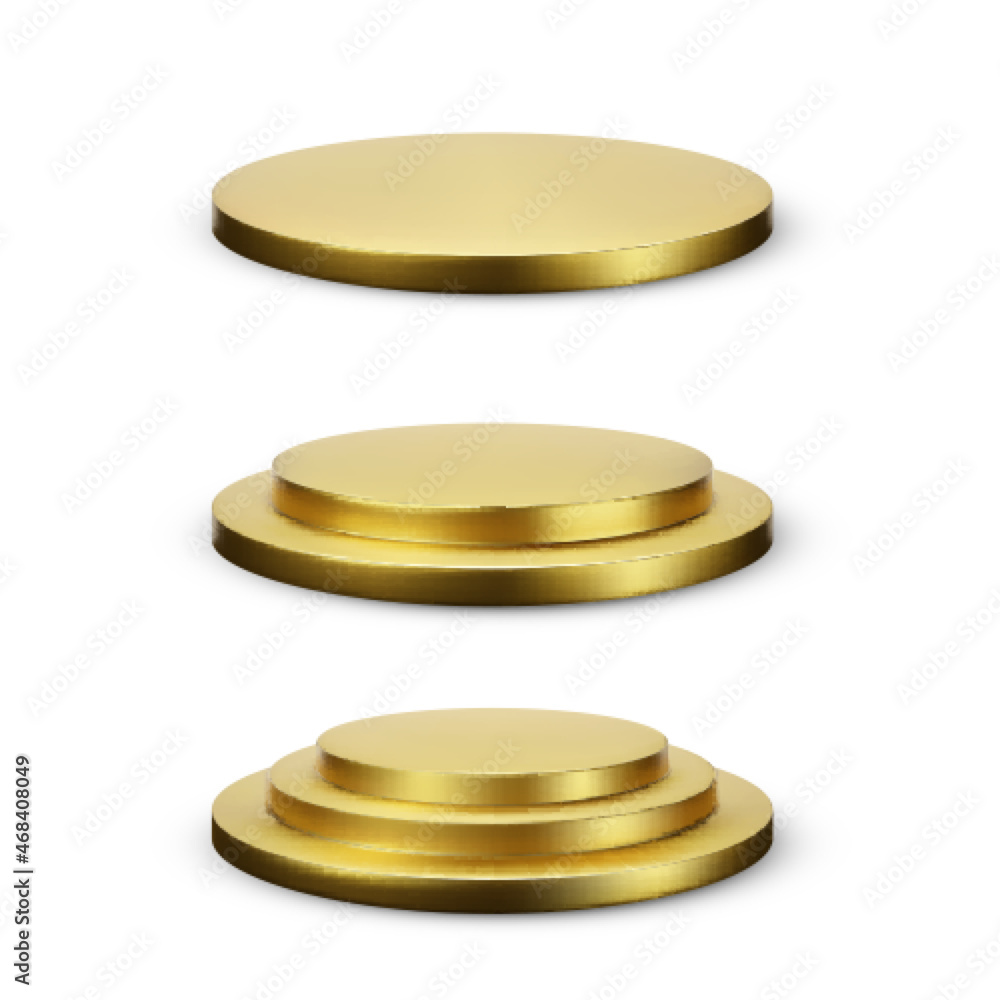 Poster set of round gold podium platform. empty stage with different levels