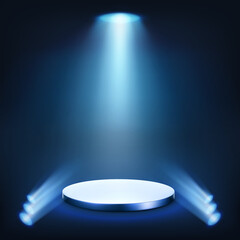 Shining spotlights and blue empty scene. Elegant promotion design template. Studio or stage background