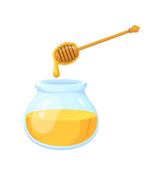 Cartoon honey jar comb. Bee ingredient flowing drip from wooden spoon into pot, vector illustration