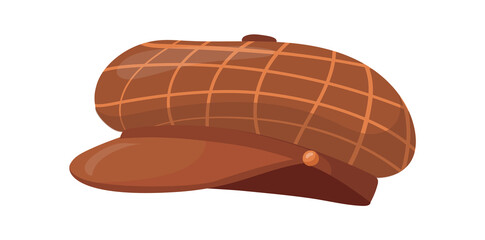 Cartoon peaked cap. Brown checkered retro hat of worker, vector illustration
