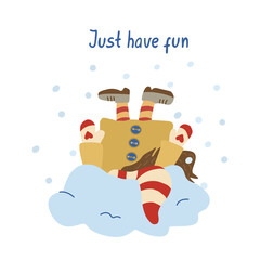 Just have fun. Card with a gnome sticking out of a snowdrift. Funny character. Hand drawn lettering and flat illustration. Red, yellow and blue colors.