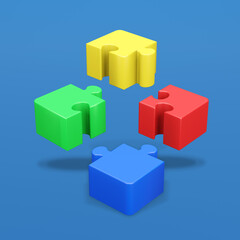 Jigsaw puzzle in action. Symbol of team work, strategy, solution, connection. Business concept. 3D render illustration. Clipping path of each element included.