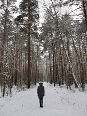 Girl in the winter forest on the road in winter