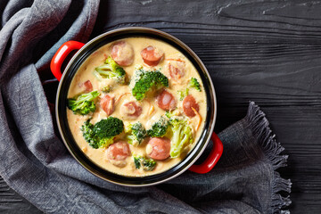 Broccoli Cheddar cheese Sausage Soup in a pot