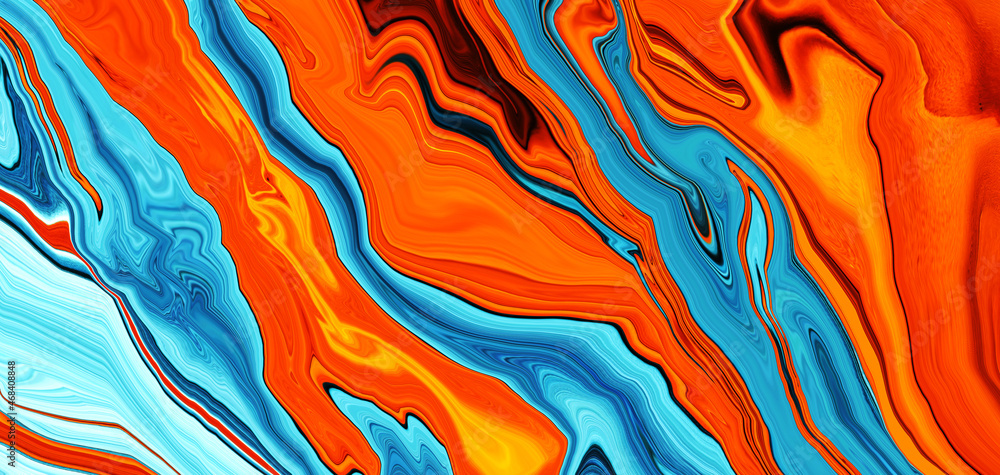 Wall mural Abstract orange fluid texture background with blue water waves. Alcohol ink color gradient. Trendy Art flyer. Luxury poster. Swirling paint effect. Wallpaper design. Backdrop. Earthy tones. Energy.