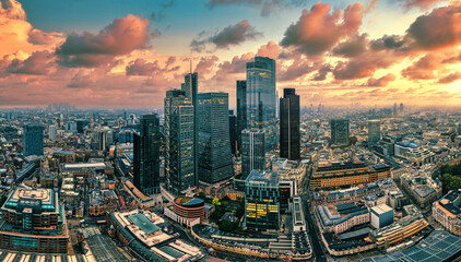 Magical sunset over London city. Aerial panorama view of the Skyscrapers of the financial district