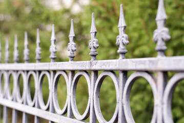 A metal cast-iron fence on a city street.
