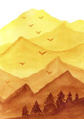 Fototapeta na wymiar Abstract yellow and terracotta mountains with trees. Watercolor landscape hand painting illustration.