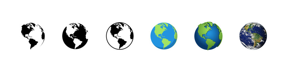 Earth globe planet earth in different designs. Vector illustration - obrazy, fototapety, plakaty