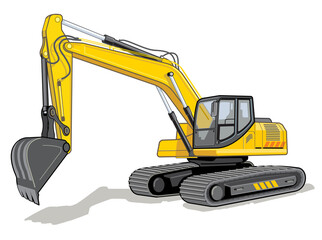 Vector illustration yellow excavator with shovel Construction machine detailed vector image