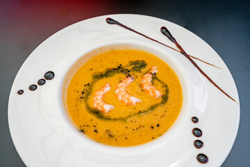 Salmorejo - traditional andalusian cold soup served with shrimps, Spain