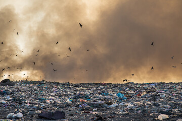 Landfill with burning trash piles. Environment pollution concept