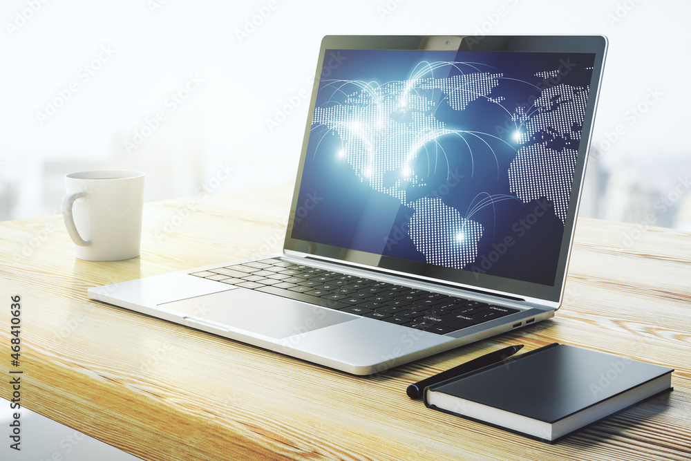 Aufkleber modern computer monitor with abstract digital world map with connections, research and strategy conc