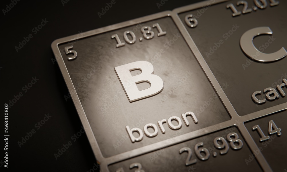Poster highlight on chemical element boron in periodic table of elements. 3d rendering
