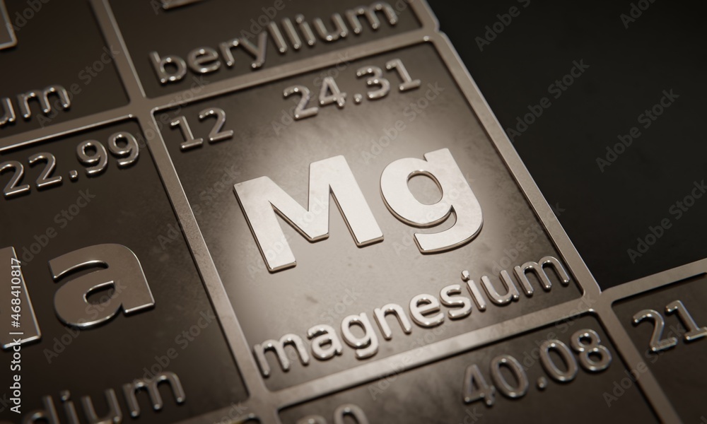 Poster highlight on chemical element magnesium in periodic table of elements. 3d rendering