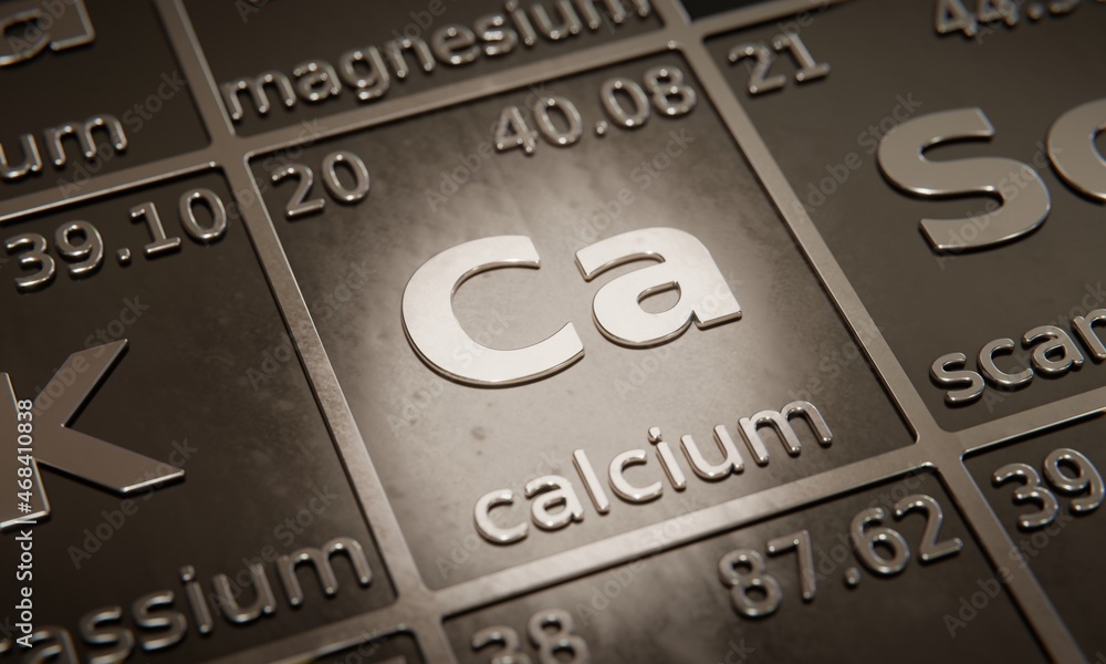 Poster highlight on chemical element calcium in periodic table of elements. 3d rendering