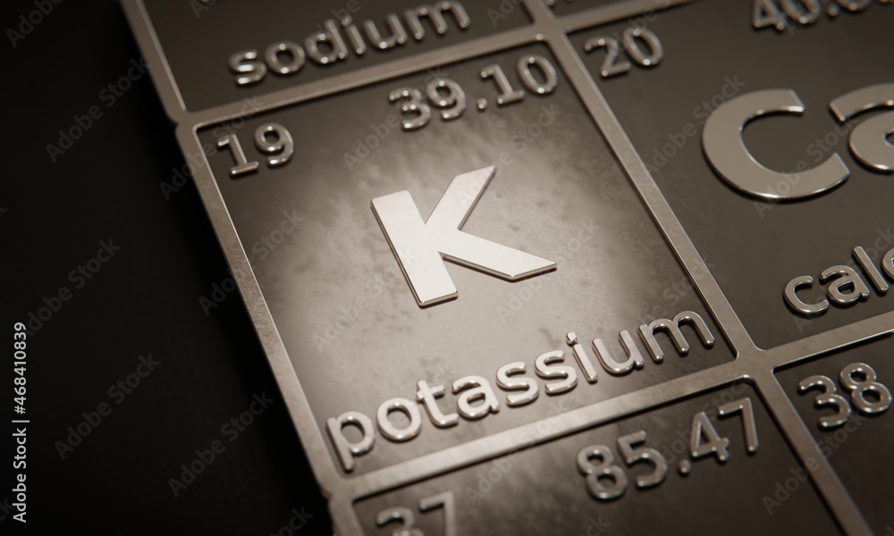Poster highlight on chemical element potassium in periodic table of elements. 3d rendering