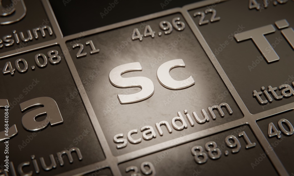 Poster highlight on chemical element scandium in periodic table of elements. 3d rendering