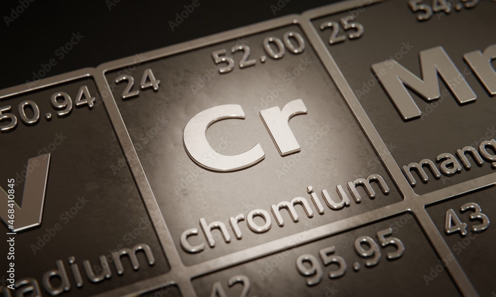 Poster highlight on chemical element chromium in periodic table of elements. 3d rendering