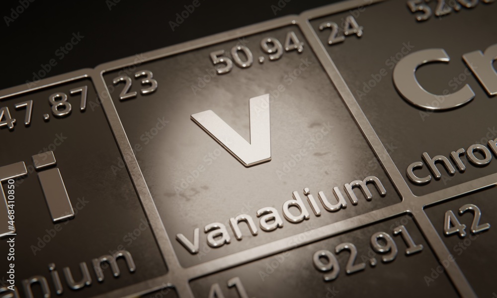 Poster highlight on chemical element vanadium in periodic table of elements. 3d rendering