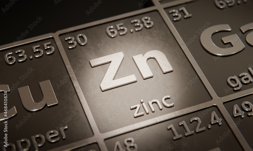 Aufkleber highlight on chemical element zinc in periodic table of elements. 3d rendering