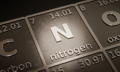 Highlight on chemical element Nitrogen in periodic table of elements. 3D rendering