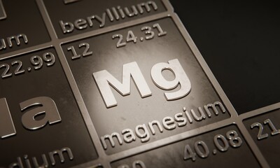 Highlight on chemical element Magnesium in periodic table of elements. 3D rendering