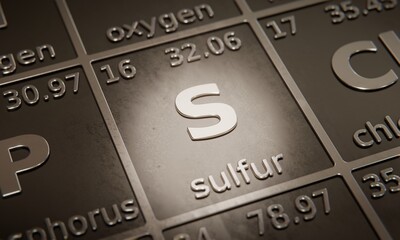 Highlight on chemical element Sulfur in periodic table of elements. 3D rendering