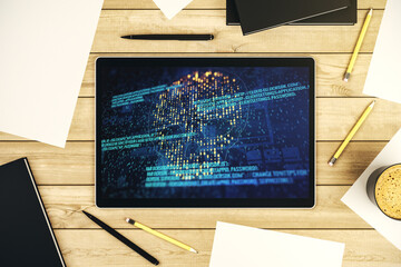 Creative code skull sketch on modern digital tablet screen, theft of personal data and malware concept. Top view. 3D Rendering