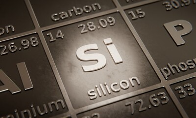 Highlight on chemical element Silicon in periodic table of elements. 3D rendering
