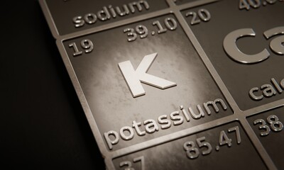 Highlight on chemical element Potassium in periodic table of elements. 3D rendering