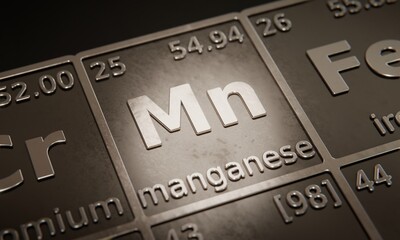 Highlight on chemical element Manganese in periodic table of elements. 3D rendering