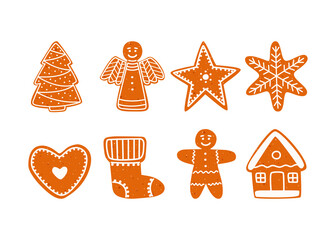 A flat vector cartoon set of Christmas gingerbread cookies of different shapes. Ginger cookies in the shape of a man, a house, a Christmas tree, an angel, snowflakes, hearts, stars, socks.