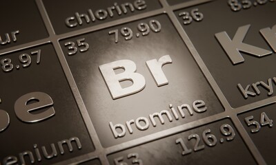 Highlight on chemical element Bromine in periodic table of elements. 3D rendering