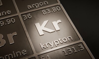 Highlight on chemical element Krypton in periodic table of elements. 3D rendering