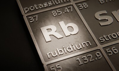 Highlight on chemical element Rubidium in periodic table of elements. 3D rendering